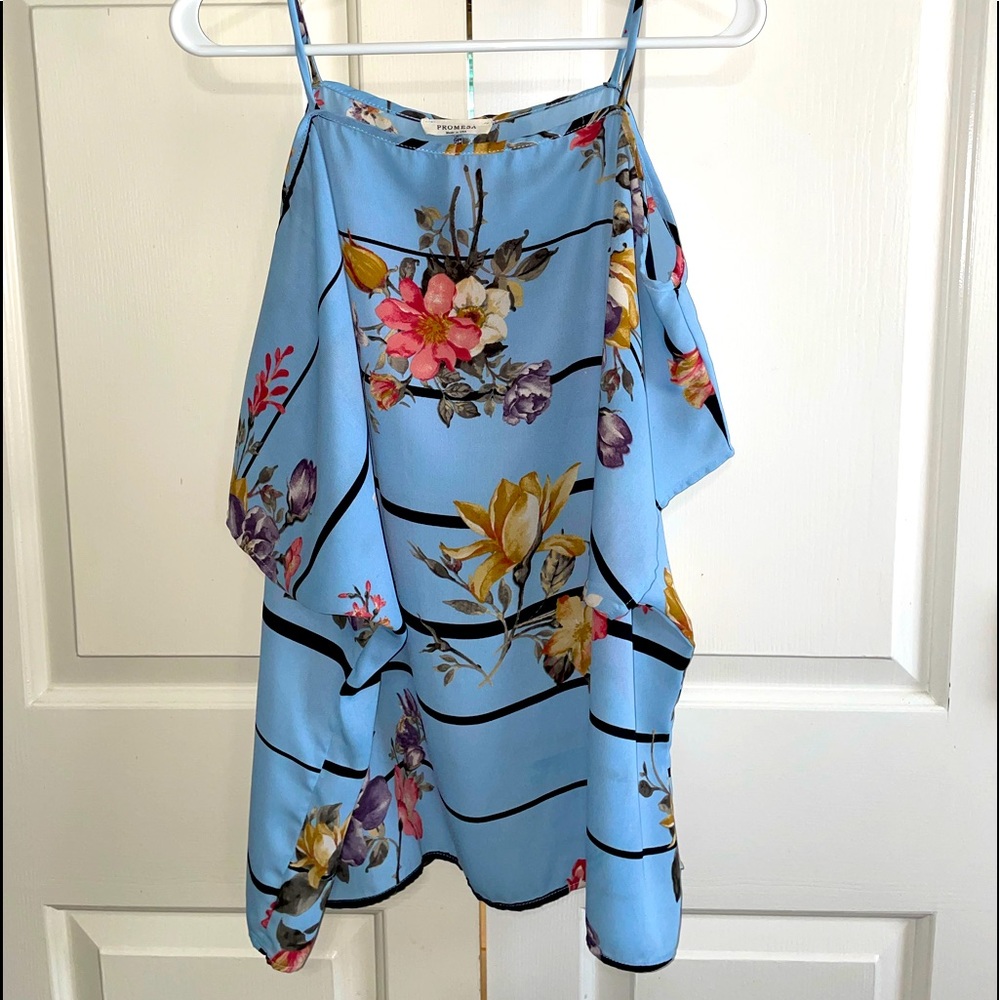 Promesa Boutique Cold Shoulder Floral & Striped Top, Sky Blue, size Large